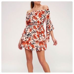 LULUS BLUSHING BLOOMS NUDE FLORAL PRINT, OFF THE SHOULDER MINI DRESS/PREOWNED